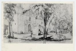 [Dibujo de una calle con árboles y transeúntes de la ciudad de Santiago, frente a una iglesia]