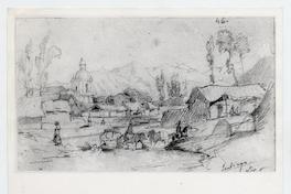 [Dibujo de una calle con transeúntes de la ciudad de Santiago. De fondo se divisa una iglesia y la cordillera]