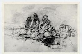 [Dibujo de unos hombres, mujer y niños sentados en el suelo]