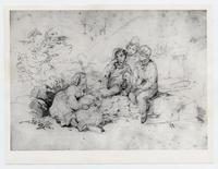 [Dibujo de unos niños observando a una mujer que trasquila una oveja]