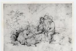 [Dibujo de unos niños observando a una mujer que trasquila una oveja]