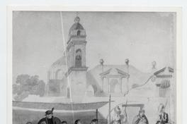 [Militares de la antiguedad en saludo a superiores, que están sentados con una mesa sobre una tarima. De fondo se divisa una torre]