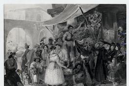 [Personas comprando en una tienda de la calle, mujer sobre un escaparate, titulada "La reina del mercado"]