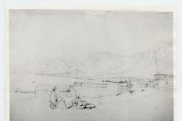 [Dibujo de un puerto, una calle con casas, con un hombre, y de fondo la cordillera]