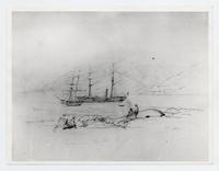 [Dibujo de una bahía, en la orilla se divisan unos botes pesqueros con unos hombres, en el mar unos barcos, y de fondo la cordillera]