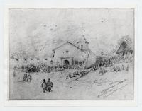 [Dibujo de una iglesia con peregrinos en procesión de la Virgen Carmen en Valparaíso, siglo 19]