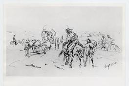 [Carretas y hombres montando a caballo, dibujo]