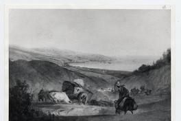 [Camino de tierra de bajada al puerto de Valparaíso, se divisan carretas]