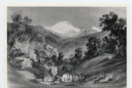 [Valle entre cerros, con campesinos descansando junto a sus caballos, de fondo la cordillera]