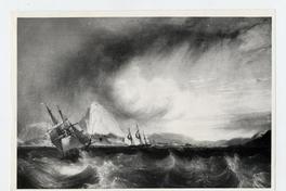 [Pintura de una marina en un día de tormenta con embarcaciones navegando, "Entrada a la rada de Río de Janeiro"]