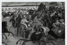 [Celebración de fiestas patrias, detalle de la imagen hombres a caballo; titulada "Llegada del Presidente Prieto a la Pampilla"]