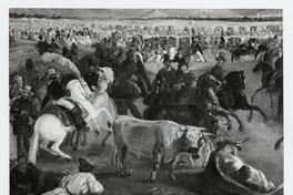 [Celebración de fiestas patrias, detalle de la imagen, hombres a caballo y unos toros; titulada "Llegada del Presidente Prieto a la Pampilla"]