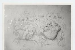 [Dibujo de un coche de paseo con mujeres, de fondo se visualizan hombres montados a caballos].