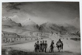 [Militares junto a un caballo reunidos en plaza, de fondo la cordillera]