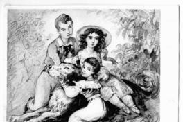 [Hijos de Renard, dos niños y una niña abrazando a un perro]