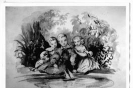 [Dibujo de tres niños sentados en el suelo, entre unos arbustos]