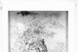 [Dibujo de un retrato de una pareja, la mujer sobre una mula y el hombre junto a ella, en un bosque]