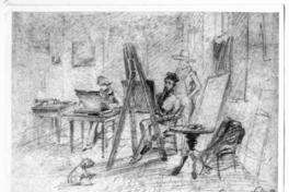 [Dibujo de un retrato de unos artistas trabajando en taller]