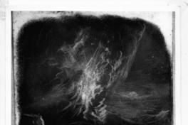 [Paisaje nocturno de volcán en erupción, con un hombre observando desde la distancia]