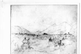 [Dibujo de unos arrieros, de fondo la cordillera, fechada el 3 Agosto 1835]