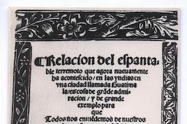 [Portada de libro antiguo, titulado "Relacion del elpanta"]