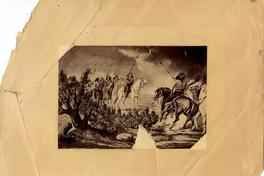 [Dibujo lápiz sobre papel; Combate entre caciques, a caballo y los brazos en alto, llevando las lanzas]: Catrileo desafiando a combate singular