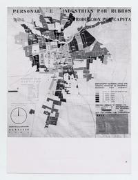 [Croquis de un Plano de catastro industrial]: Personal e industrias por rubros, Producción Per Cápita: Rendimiento de Produc. Anual por Persona Activa en la Industria Promedio por Distrito; Resumen del Gran Santiago, Personal Ocupado y Número de Establecimientos Industriales, Santiago 1952