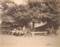 [Huasos a caballos amarrados en cerca de madera, fondo con árboles y casas]