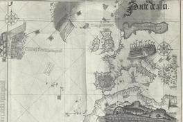 [Reproducción fotográfica de mapa antiguo, con dibujos del siglo XVI, aparece parte de Europa (Italia, Francia, España, Portugal y otros) y parte del continente africano y americano]