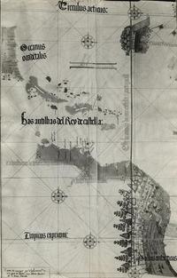 [Reproducción fotográfica de mapa antiguo del siglo XVI, aparece parte del continente americano, de dominio portugués]