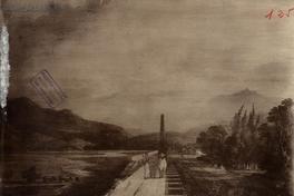 [Vista de una ciudad rural, se divisa un puente con dos campesinos]