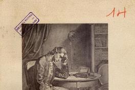 [Reproducción fotográfica de una pintura de un hombre pensando, afirmado en una mesa; con dedicatoria y firma de Pedro Lira]