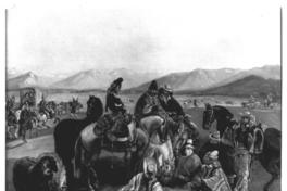 [Huasos descansando, hombres en sus caballos y otros sentados en el suelo, pintura títulada "Rodeo de maulinos en los llanos de la mariposa"]