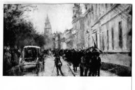 [Calle Alameda, en un día de lluvia, pintura titulada "Alameda Bernardo O'Higgins"]