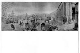 [Plaza de una ciudad colonial, se divisan unas iglesias, sus construcciones, unos transeúntes y unas carretas]