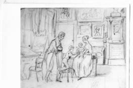 [Dibujo de un retrato de una familia, padres y dos niños, titulado "El estudio de mi padre"]