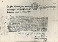 ["Nos el Dr. D. Eusebio Oliva, Cathedrático de prima de medicina de esta Universidad de S. Felipe. Protomédico y actual Presidente de la Sociedad medica de este Estado de Chile..." fechado en la ciudad de Santiago de Chile en 14 de marzo de 1828]