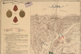 Plano de la batalla de Chacabuco el 12 de febrero de 1817 [material cartográfico] : coordinado por el General B. Mitre según reconomicimiento personal, sobre la base del croquis levantado por el Ingeniero geógrafo chileno Alberto Llona, teniendo presente el plano de Chile por Pissis y combinado con los testimonios históricos; dibujado por Carlos Beyer.