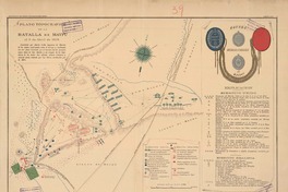 Plano topocrafico de la batalla de Maypu el 5 de abril de 1818 [material cartográfico] : levantado por Alberto d´Albe Ingeniero del Ejército de los Andes, confrontado sobre el terreno y coordinado con otro plano levantado por el Coronel José de Arenales según datos de San Martín y un croquis de los Ingenieros de los Andes José Antonio Alvarez Condarco y Antonio Arcos, revisado por Las heras, coordinados por B. Mitre; dibujado por Carlos Beyer.