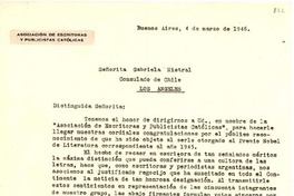 [Carta] 1946 mar. 4, Buenos Aires, [Argentina a] Gabriela Mistral, Consulado de Chile, Los Angeles, [EE.UU.]