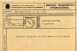 [Telegrama] 1945 nov. 17, Valparaíso, [Chile] [a] Gabriela Mistral, Río de Janeiro, [Brasil]