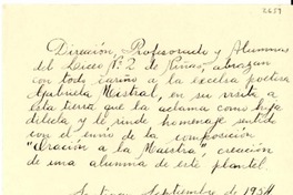 [Tarjeta] 1954 sept., Santiago [a] Gabriela Mistral