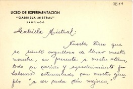 [Tarjeta] 1954 sept. 11, Santiago, [Chile] [a] Gabriela Mistral