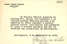 [Tarjeta] 1954 sept. 5, Antofagasta, [Chile] [a] Gabriela Mistral