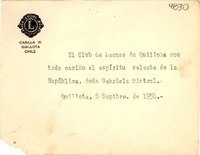 [Tarjeta] 1954 sept. 8, Quillota [a] Gabriela Mistral