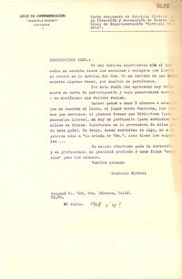 [Carta] [1948?] , [Santiago, Chile?] [a la] , Dirección y Asociación de Padres del Liceo de Experimentación Gabriela Mistral, [Santiago, Chile]