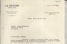 [Carta] 1933 jul. 24, Paris, [Francia] [a] Gabriela Mistral, Cónsul de Chile en Madrid, [España]