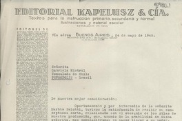 [Carta] 1945 mayo 24, Buenos Aires, [Argentina] [a] Gabriela Mistral, Consulado de Chile, Petrópolis, Brasil