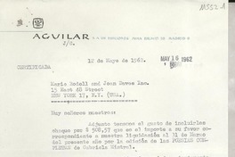 [Carta] 1962 mayo 12, [Madrid], [España] [a] Marie Rodell and Joan Daves, Inc., New York, [EE.UU.]