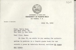[Carta] 1960 July 29, [Rio Piedras, Puerto Rico] [a] Miss Doris Dana, New York, New York